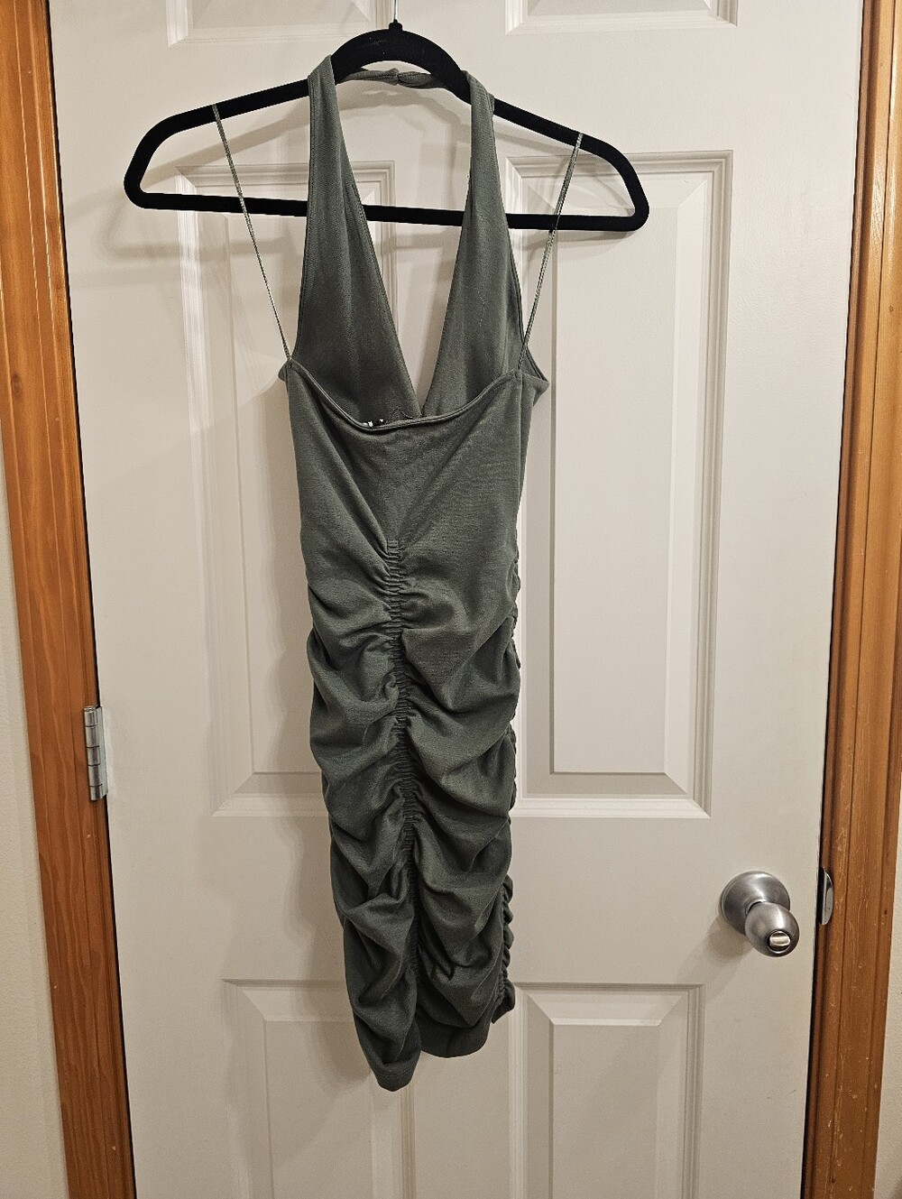 Sleeveless V-Neck Ruched Olive Green Bodycon Dress - Picture 3 of 3